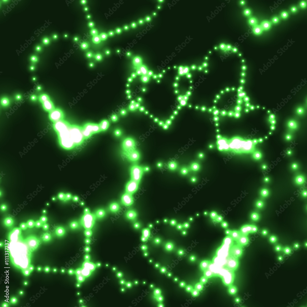 Neon shinning green hearts on dark background