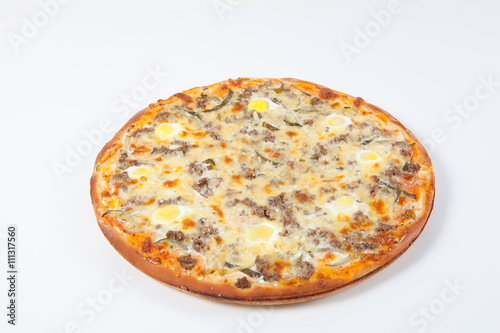 Prepared pizza on white background