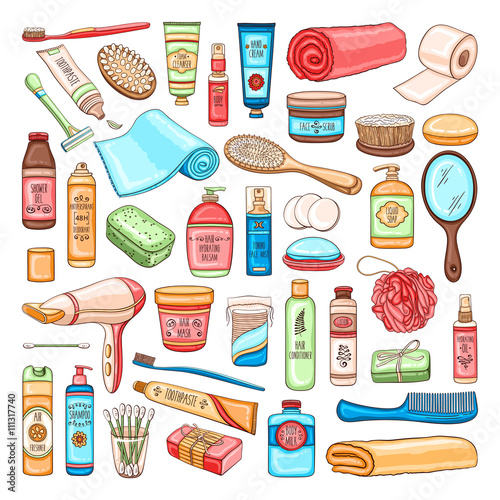 Hygiene set of bathroom equipment, cosmetics and tools