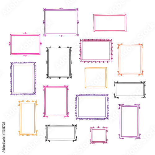 Set of hand drawn decorative photo frames. Colorful vintage frames. Doodles, sketch for your design. Vector illustration.