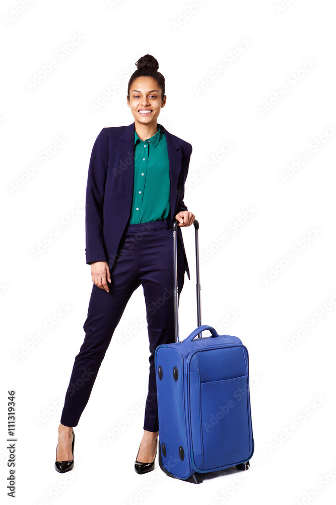 Smiling business woman standing with bag Smiling business woman standing with bag