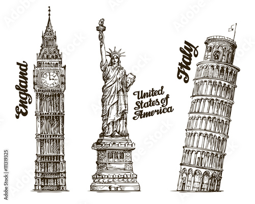 Travel. Hand drawn sketch England, USA, Italy. Vector illustration