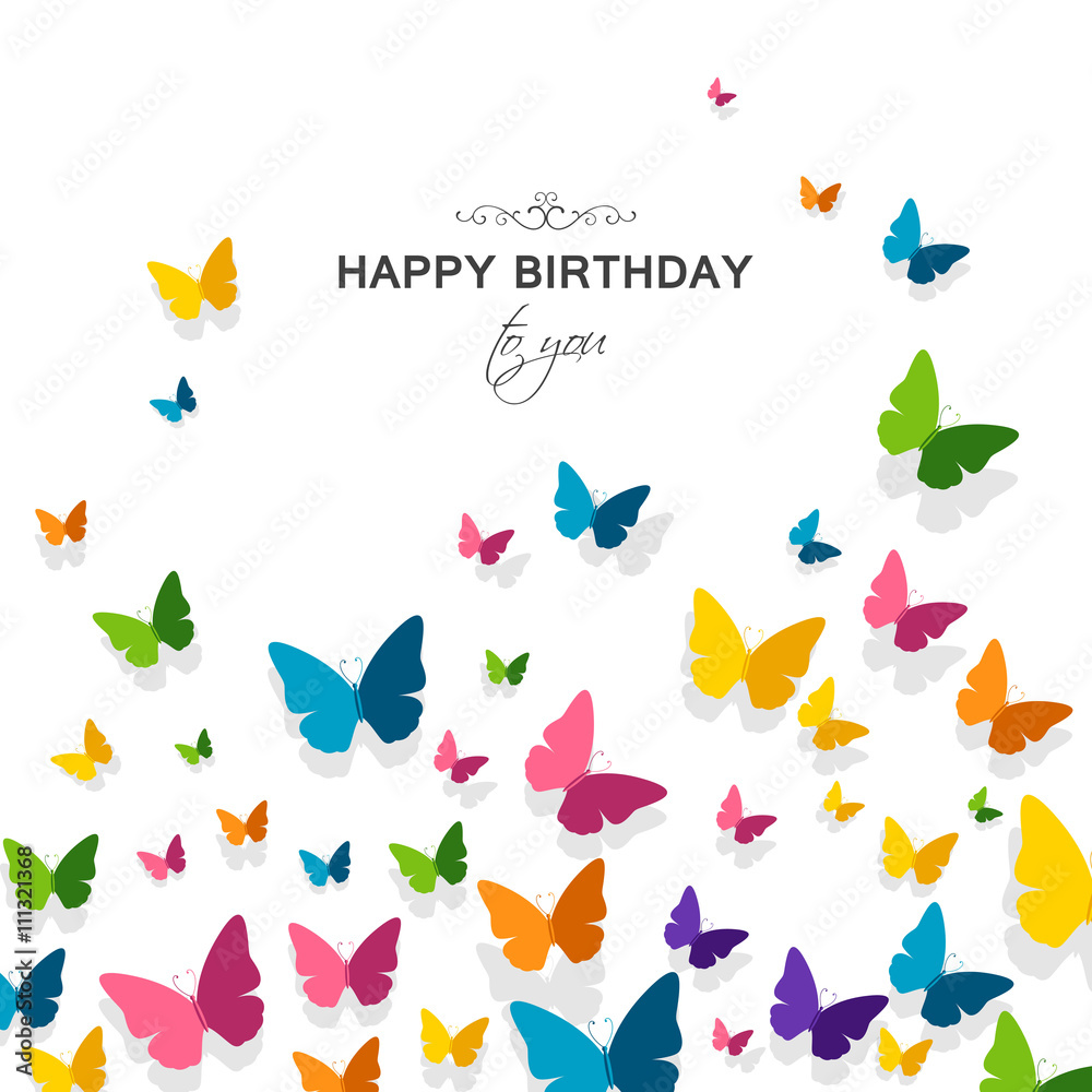 Vector Illustration of a Happy Birthday Greeting Card with Colorful Paper Butterflies Stock