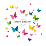 Vector Illustration of a Happy Birthday Greeting Card with Colorful Paper Butterflies