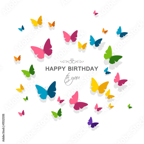 Vector Illustration of a Happy Birthday Greeting Card with Colorful Paper Butterflies