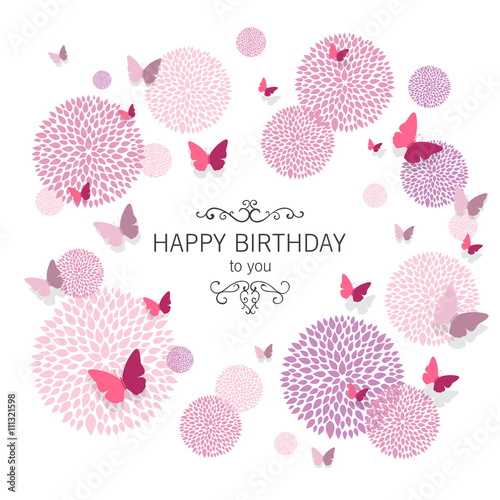 Vector Illustration of a Happy Birthday Greeting Card with Paper Butterflies and Floral Design Elements