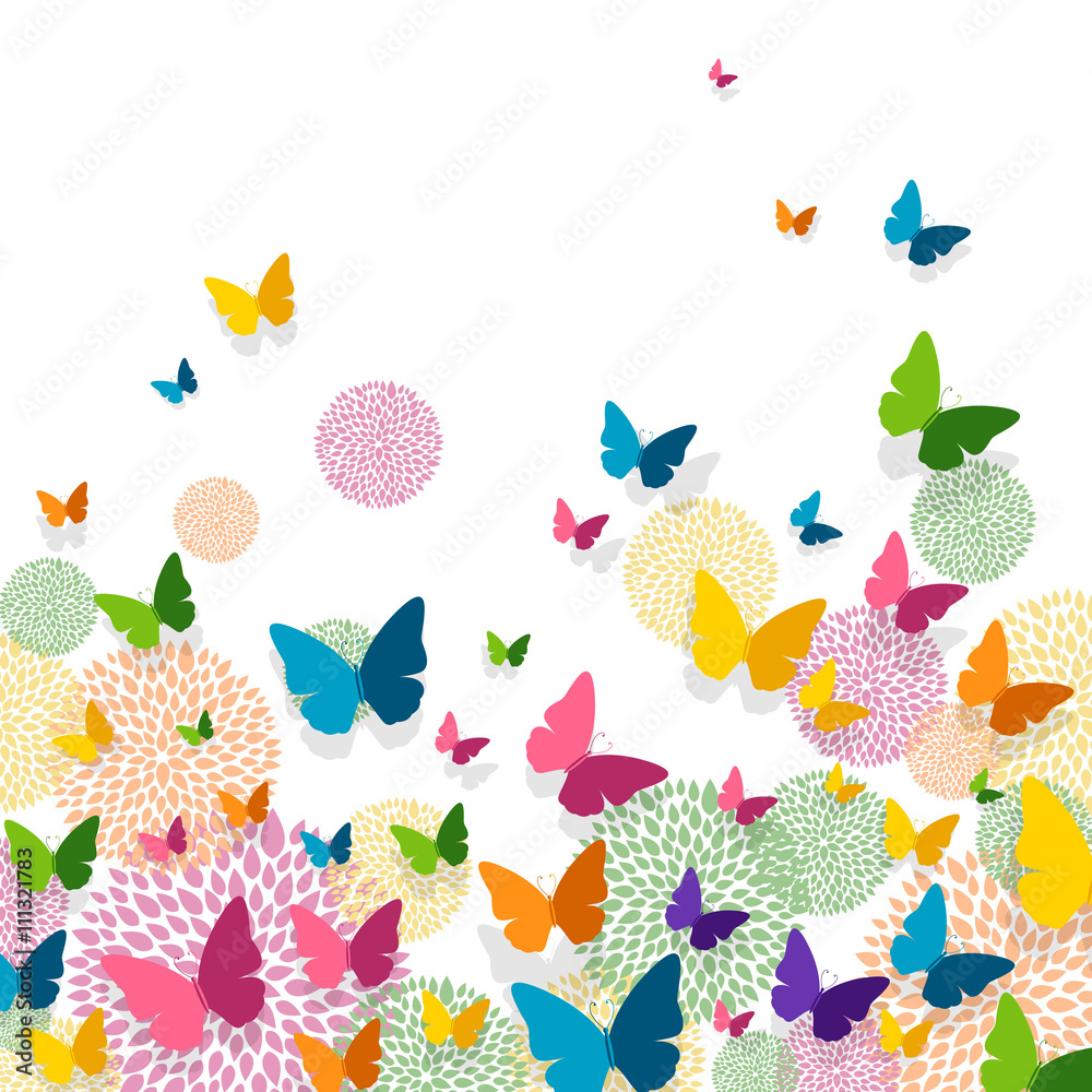 Vector Illustration of a Greeting Card Design with Colorful Paper Butterflies and Floral Elements - obrazy, fototapety, plakaty 