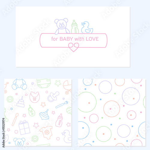 Collection of baby seamless patterns and emblem.Linear style and colorful icons. Design for packaging, for invitation and baby shower card. Vector illustration