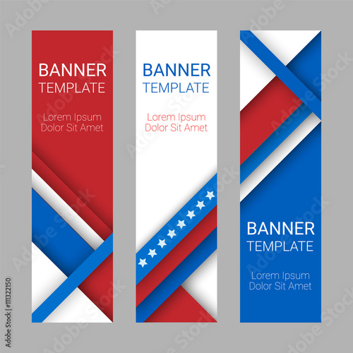 Set of modern vector vertical banners, page headers with stripes and stars in the colors of the American flag. Material design banners for Presidents day, USA Independence day