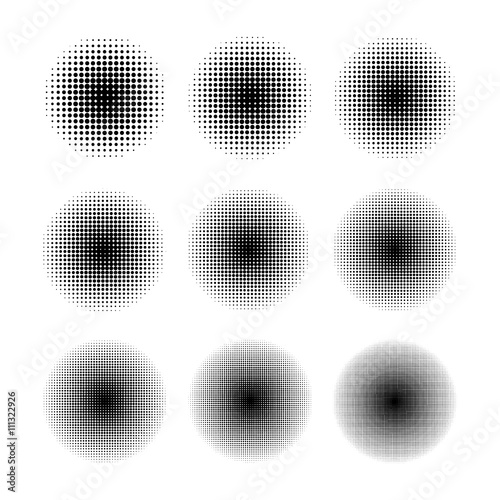 Round halftone screen patterns with different dot size on white photo
