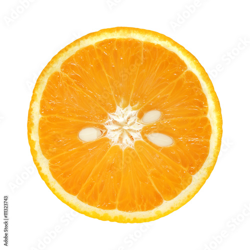 Slice of fresh orange with seed isolated on white background