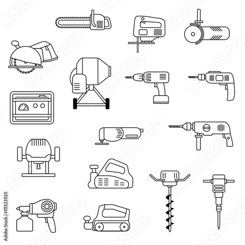 Set of flat repair tool icons. Home repair tools pictogram. Worker tools. Electric tools. Tools sign. Vector illustration.