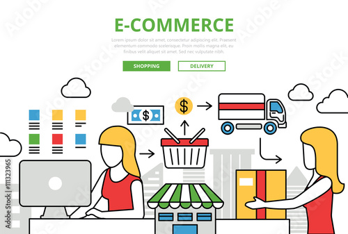 E-commerce online shopping sale delivery vector flat line art