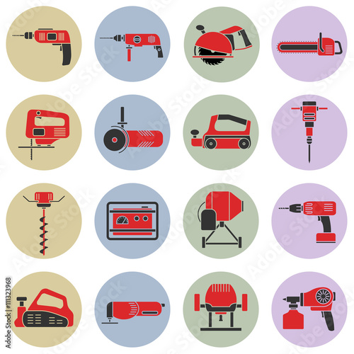 Set of flat repair tool icons. Home repair tools pictogram. Worker tools. Electric tools. Tools sign. Vector illustration.