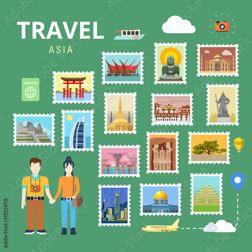 Travel Asia China Japan India flat vector tourism template