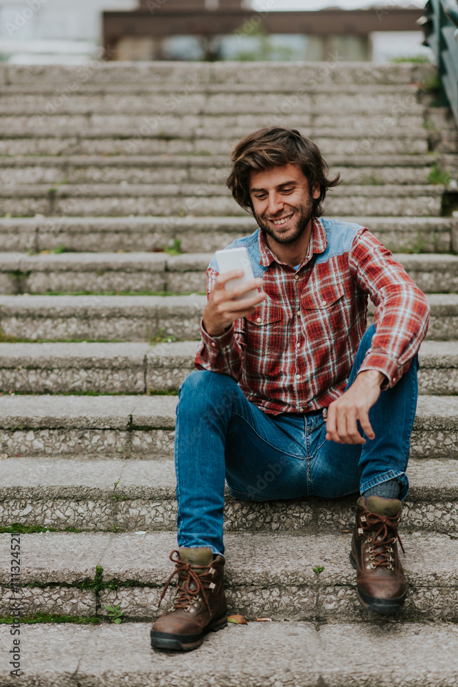 Portrait of smiling man using cell Portrait of smiling man using cell