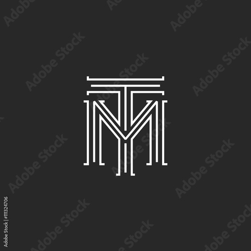 Monogram hipster initials TM logo letters, overlapping connection couple merger T M letters thin lines, combination two linear weaving symbol for wedding invitation emblem
