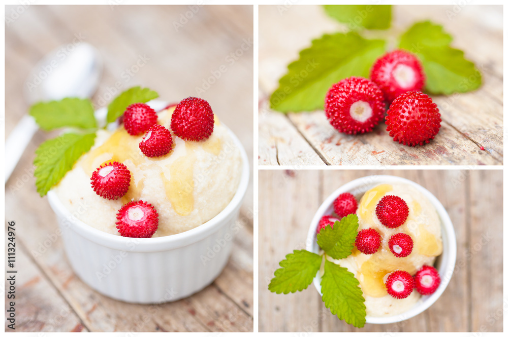 Vegan ice cream with forest strawberries Vegan ice cream with forest strawberries