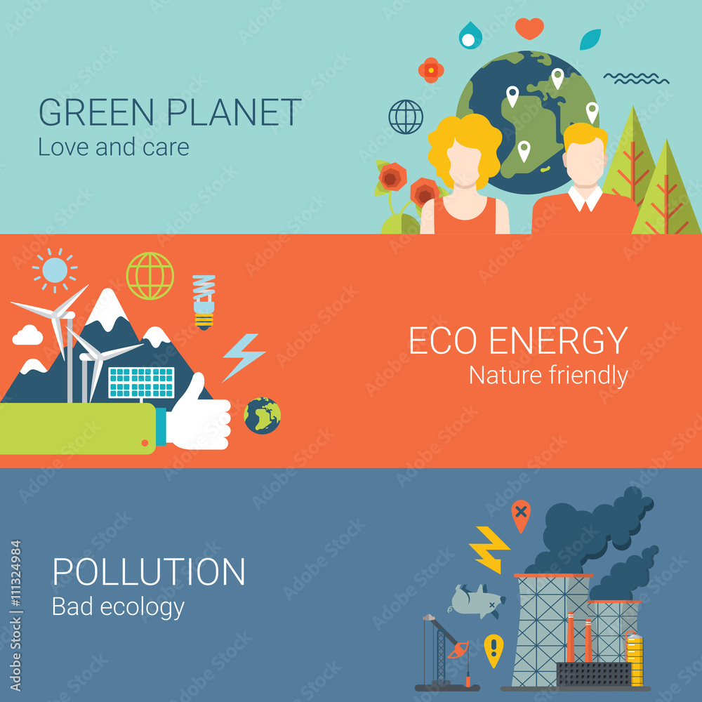 Green planet eco energy nature friendly pollution bad ecology web site banner hero image set. Flat style modern vector illustration.