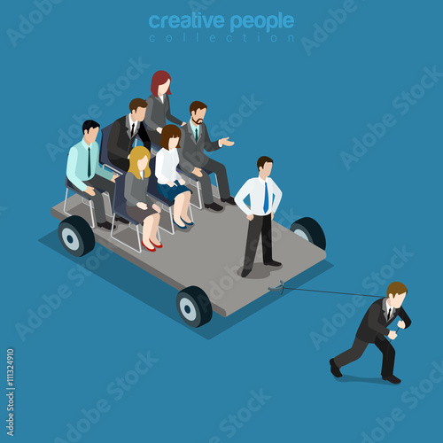 Pull the strap, drudge team leader leadership. Businessman pulls platform colleagues. Flat 3d isometry isometric style web site app icon set concept vector illustration. Creative people collection.