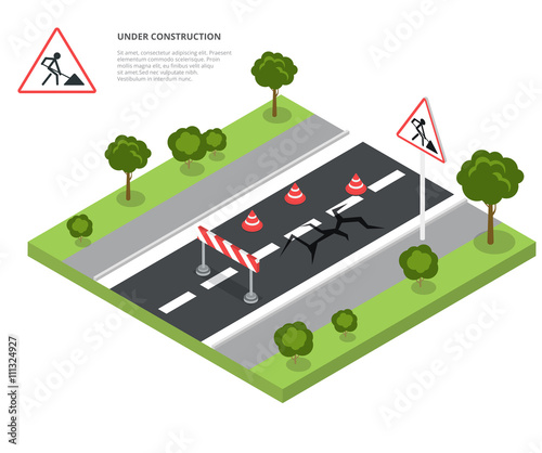 Road block under construction. Road sign, triangle cap, barrier. Flat 3d isometry isometric style web site app icon set concept vector illustration.