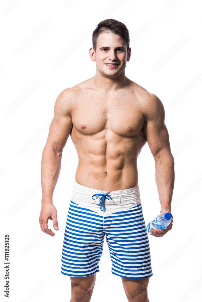 Athlete man drinking water over isolated white background Athlete man drinking water over isolated white background