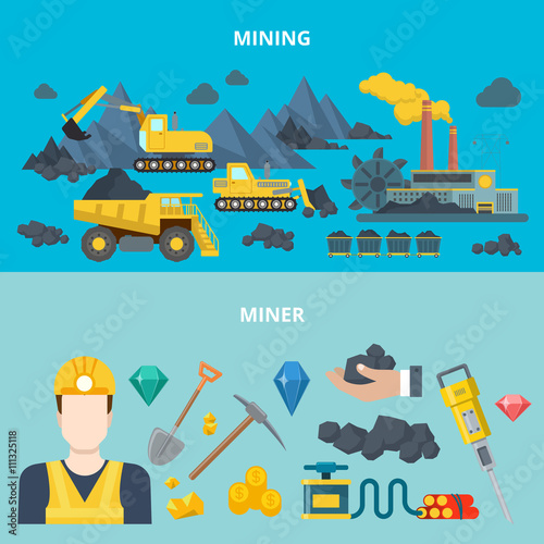 Mining industry heavy machinery automobile wheeled tracked transport miner equipment tool web site banner hero image set. Flat style modern vector illustration.