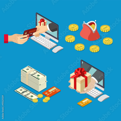 Online sale payment method delivery e-commerce concept. Flat 3d isometric isometry web vector illustration. Hand from computer monitor take pay bank credit card give box money coin currency purse.