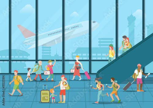 Airport waiting boarding zone interior and passengers hurry rush duty free package goods. Flat style website vector illustration. Creative people collection.