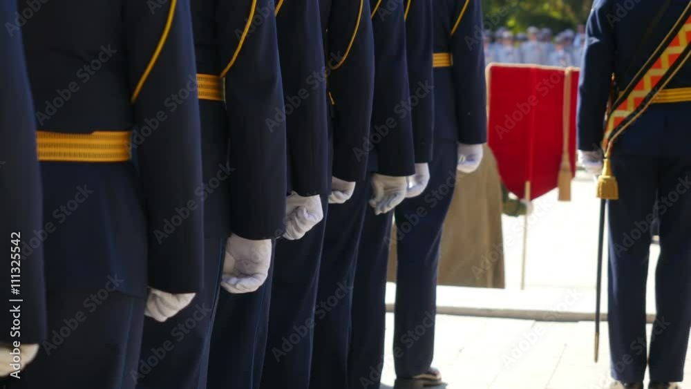 Formation of soldiers in dress parade uniform. National holiday –Victory day. Military parade.
