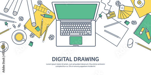 Lined, ouline flat graphic web design. Drawing and painting. Development. Illustration, sketching, freelance. User interface. UI. Computer, laptop.