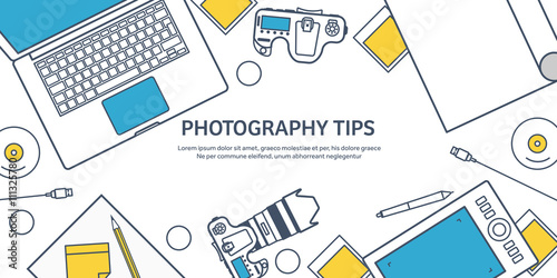 Lined fhotographer equipment on a table. Photography tools, photo editing, photoshooting outline flat background.  Digital photocamera with lens. Vector illustration.