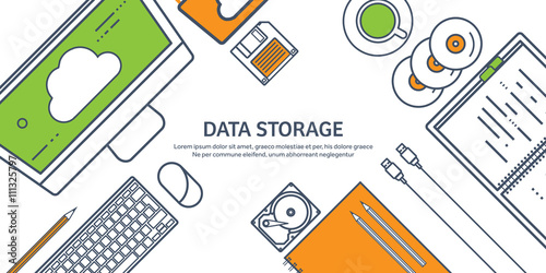 Lined, outline vector illustration. Workplace, table with documents, computer. Flat cloud computing background. Media, data server. Web storage.CD. Paper blank. Digital technologies. Internet