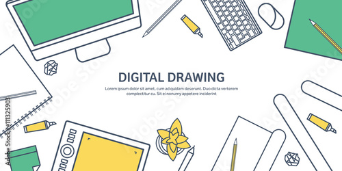 Lined, ouline flat graphic web design. Drawing and painting. Development. Illustration, sketching, freelance. User interface. UI. Computer, laptop.