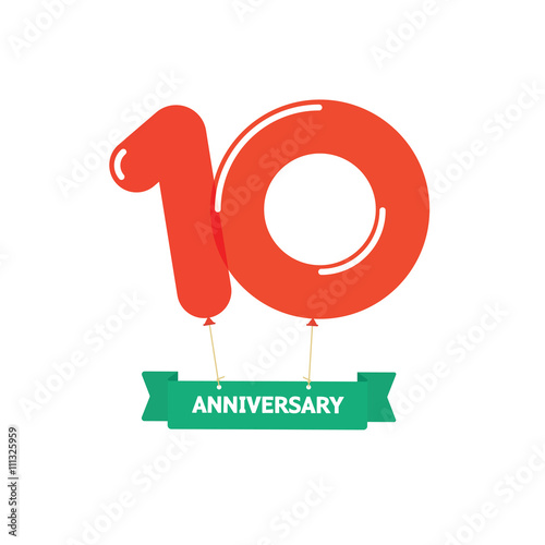 10th anniversary balloons poster red label. 10 years trend modern icon sticker design. Ten years birthday party glossy balloon vector symbol. Tenth cartoon child style ribbon, emblem tag sign