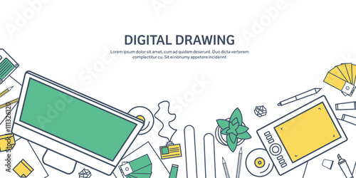 Lined, ouline flat graphic web design. Drawing and painting. Development. Illustration, sketching, freelance. User interface. UI. Computer, laptop.