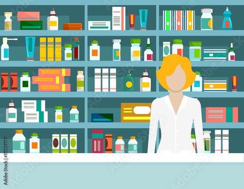 Flat vector illustration pharmacist pharmacy shelves medicines