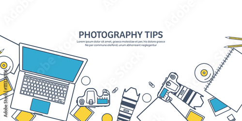 Lined fhotographer equipment on a table. Photography tools, photo editing, photoshooting outline flat background.  Digital photocamera with lens. Vector illustration.