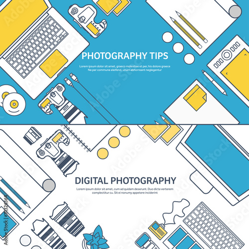 Lined fhotographer equipment on a table. Photography tools, photo editing, photoshooting outline flat background.  Digital photocamera with lens. Vector illustration.