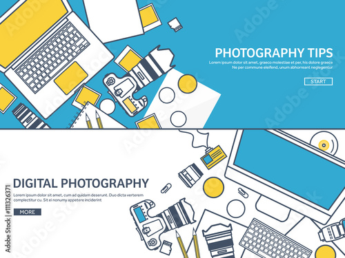 Lined fhotographer equipment on a table. Photography tools, photo editing, photoshooting outline flat background.  Digital photocamera with lens. Vector illustration.
