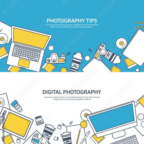 Lined fhotographer equipment on a table. Photography tools, photo editing, photoshooting outline flat background.  Digital photocamera with lens. Vector illustration.