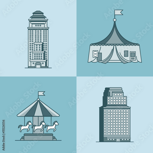 City town skyscraper house attractions park circus carousel architecture building set. Linear stroke outline flat style vector icons. Mono color icon collection.