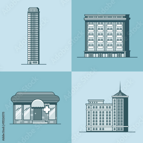 City town skyscraper hotel house pharmacy drug store architecture building set. Linear stroke outline flat style vector icons. Monochrome icon collection.