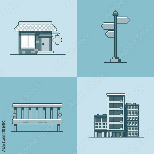 City object bench signboard architecture pharmacy drug store hotel building set. Linear stroke outline flat style vector icons. Mono color icon collection.