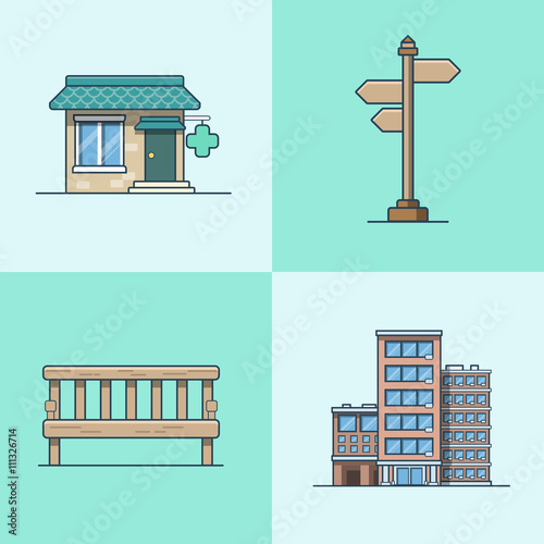 City object bench signboard architecture pharmacy drug store hotel building set. Linear stroke outline flat style vector icons. Multi color icon collection.