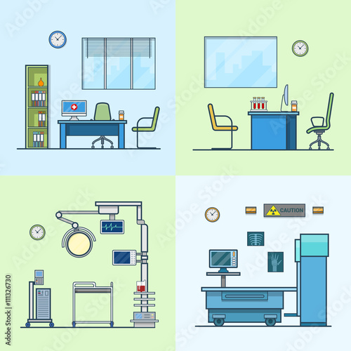 Hospital clinic medical medicine dispensary lab operation room x-ray roentgen doctor cabinet interior indoor set. Linear stroke outline flat style vector icons. Color icon collection.