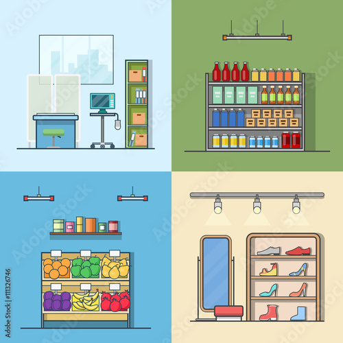Green grocery vegetable shoes shop store hospital interior indoor set. Linear stroke outline flat style vector icons. Color icon collection.