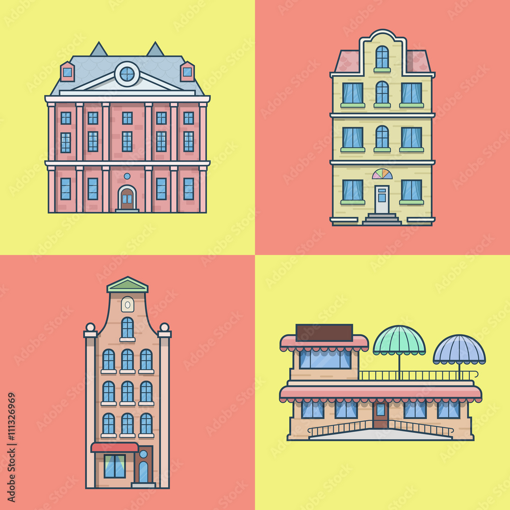 City town houses hotel cafe restaurant terrace architecture building set. Linear stroke outline flat style vector icons. Color icon collection.