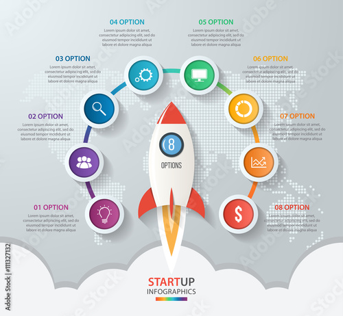 Startup vector circle infographics with rocket launch and styled world map