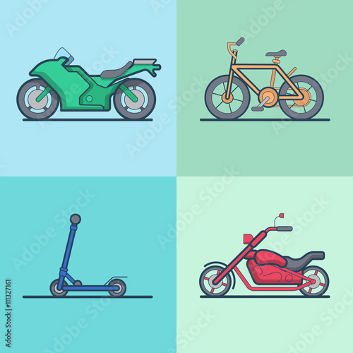 Motorbike bicycle kick board scooter chopper transport set. Linear stroke outline flat style vector icons. Color outlined icon collection.